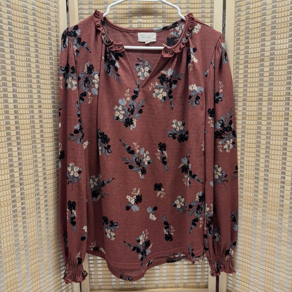 Melloday Top Women's Large Brown Floral Pattern Long Sleeve Ruffle Accent Blouse